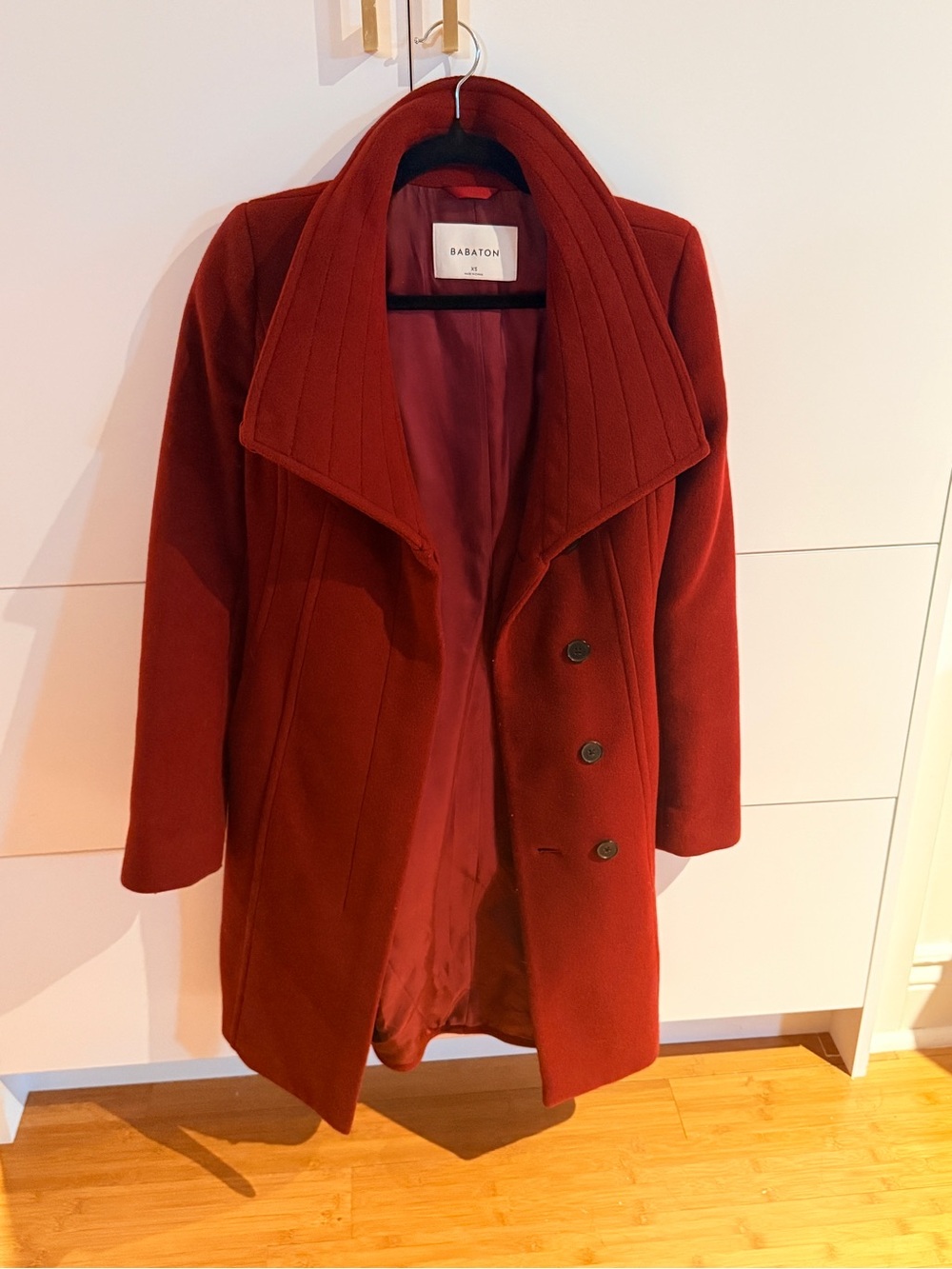 Babaton Brick Red Wool Pea Coat with Ribbed Shawl Collar